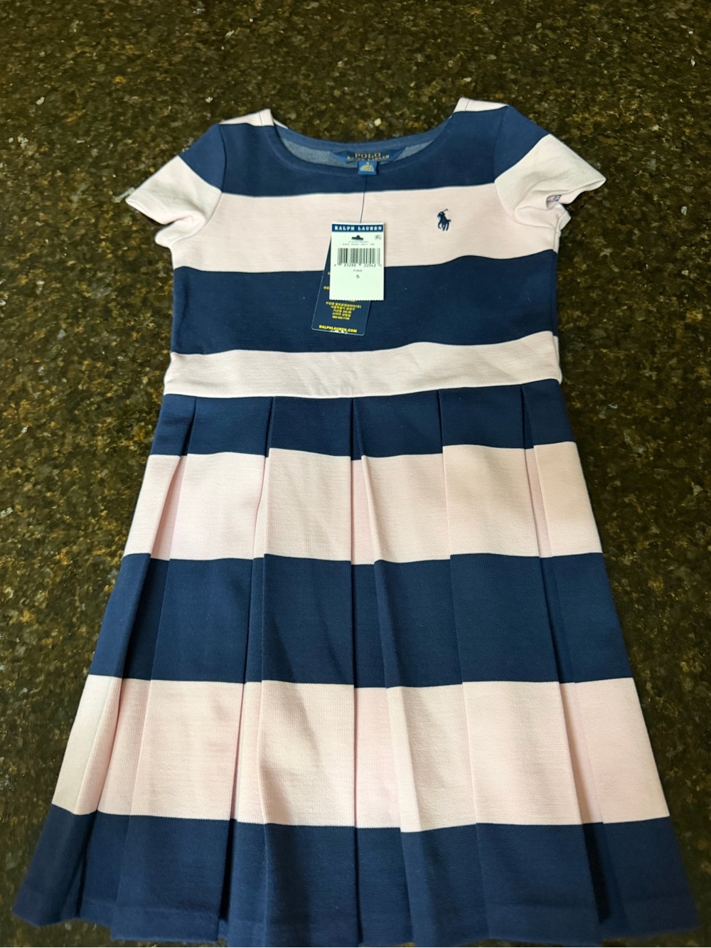 Polo by Ralph Lauren Navy and Light Pink Wide-Striped Crewneck Sweater